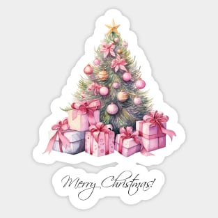 Retro Pink Christmas Tree Watercolor Art Sticker